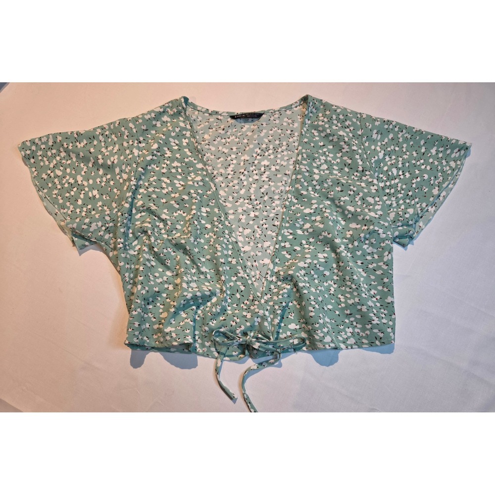 SHEIN Women Sage Green Ditsy Floral Tie Front Crop Blouse Top Size L